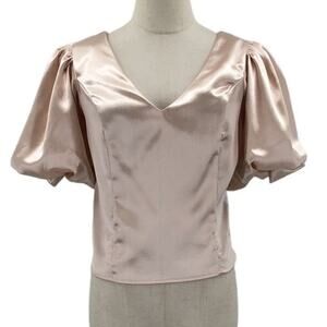 MILK & HONEY L Champagne Cream Puff Sleeve Lace up Blouse Crop Top NWT b79